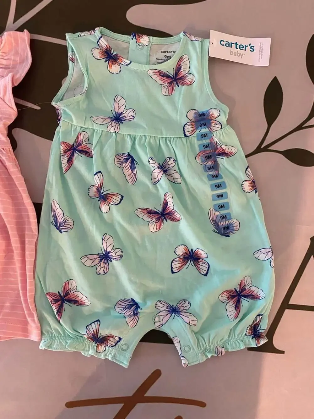 Carter's Baby Girl 9M 2-Piece Striped Pink Dress and Butterfly Print Romper Set